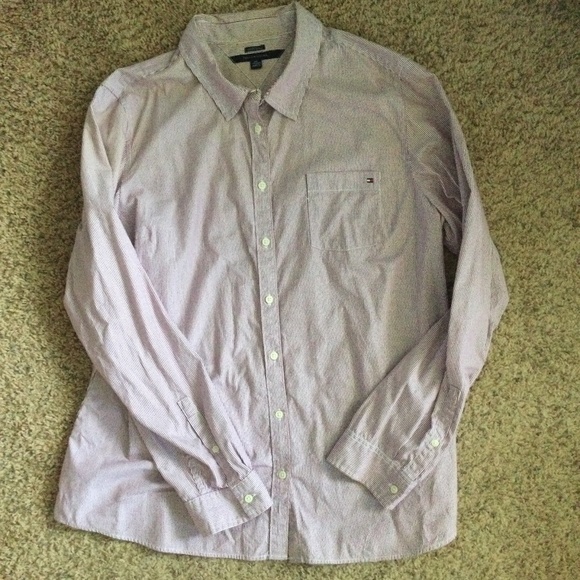 TOMMY HILFIGER Roll-Tab Button-Up Shirt Maroon and White Stripes [CLEAR… - Picture 1 of 7